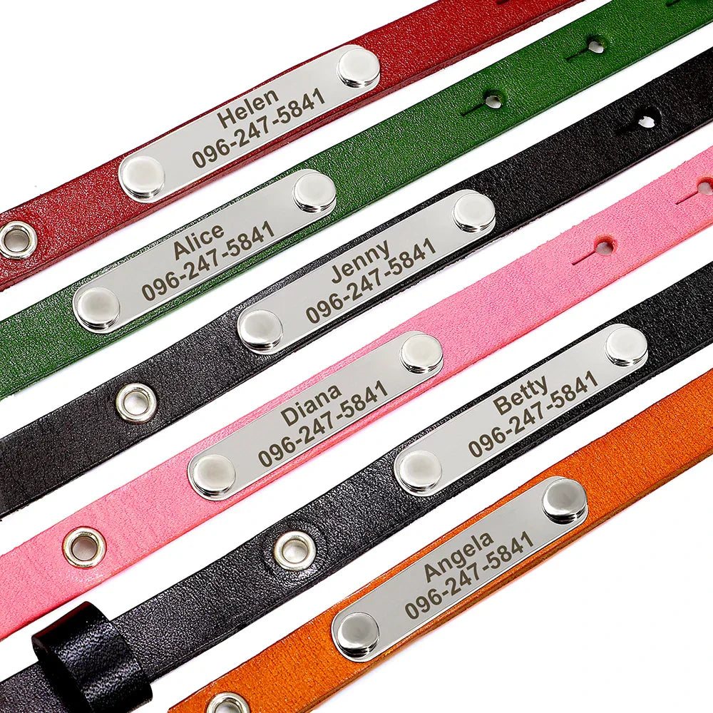Colorful customizable leather pet collars with engraved name and phone number, available in multiple colors and adjustable fit.