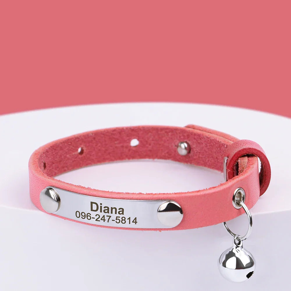 Pink personalized leather pet collar with name, phone number engraving, and small bell