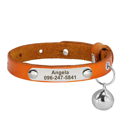 Adjustable personalized leather pet collar with engraved name and phone number, including bell, for cats and small dogs
