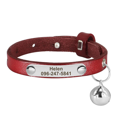 Adjustable red leather collar with personalized name and phone number engraving, including a bell, ideal for cats and small dogs.