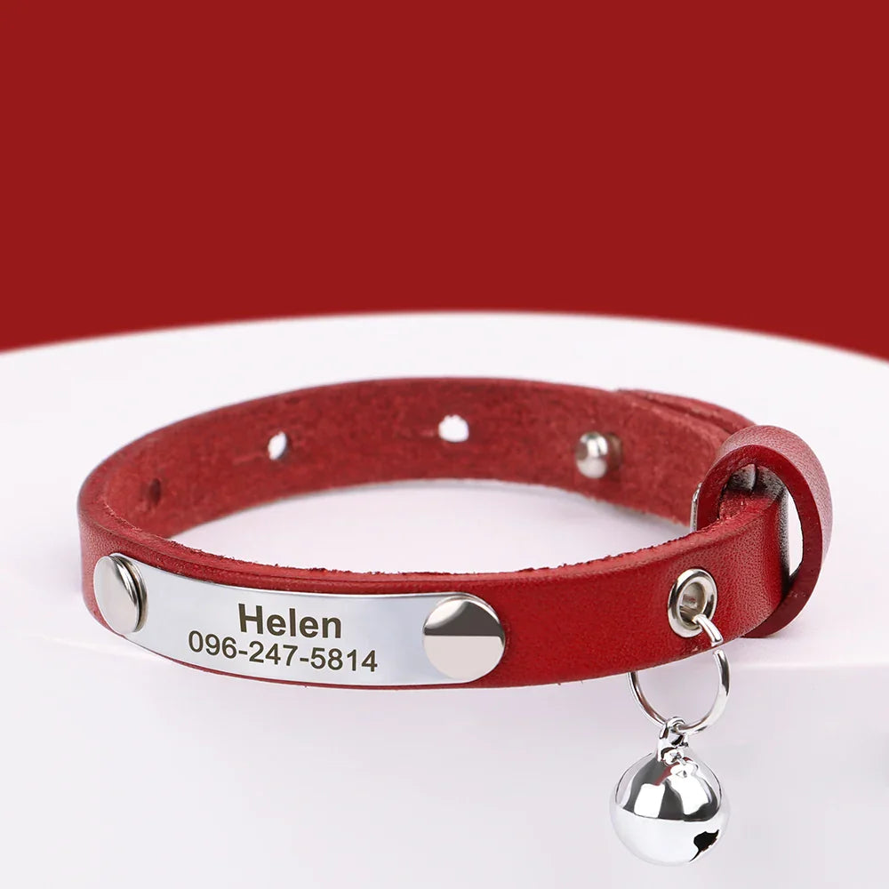 Red personalized leather pet collar with engraved name, phone number, and attached bell for cats and small dogs.