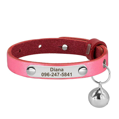 Personalized pink leather pet collar with engraved name and phone number, adjustable with bell for cats and small dogs