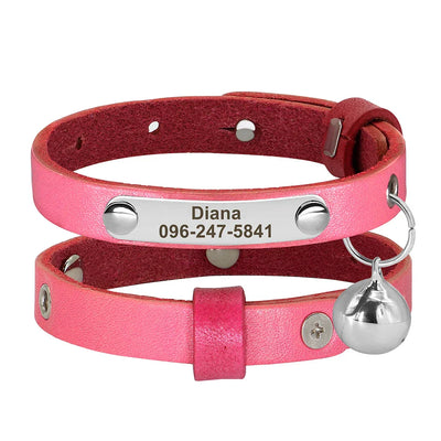 Personalized pink leather pet collar with name, phone number engraving, adjustable fit, and attached bell for cats and small dogs.