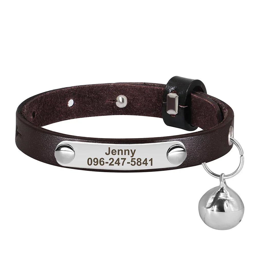 Personalized dark brown leather collar with engraved name and phone number, adjustable fit, small bell attached for cats or small dogs.