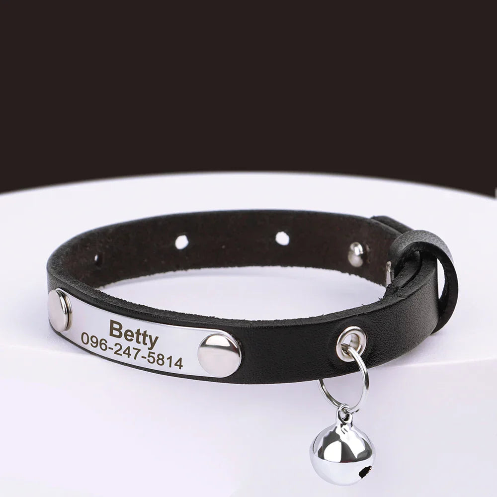 Personalized black leather collar with engraved name and phone number, adjustable, with bell for small pets