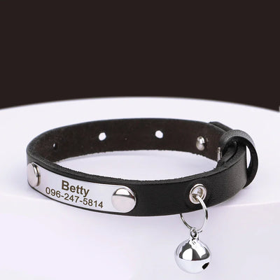Personalized black leather collar with engraved name and phone number, adjustable, with bell for small pets
